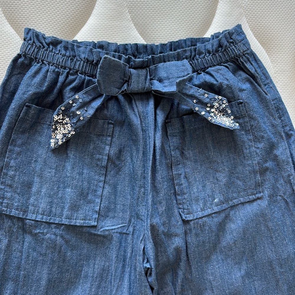 Pink Chicken chambray paper bag waist pants with sequin bow, size 12 - fits 10